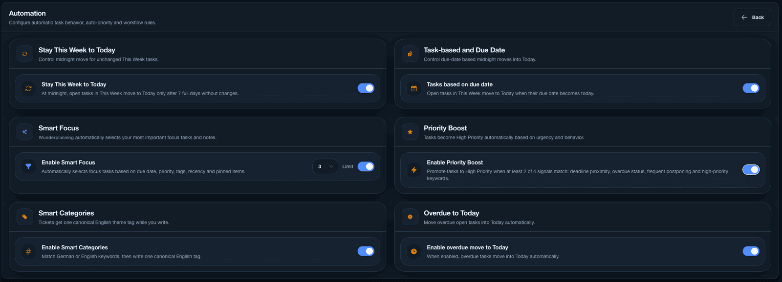 Automation settings with Smart Focus, Priority Boost and Smart Categories toggles