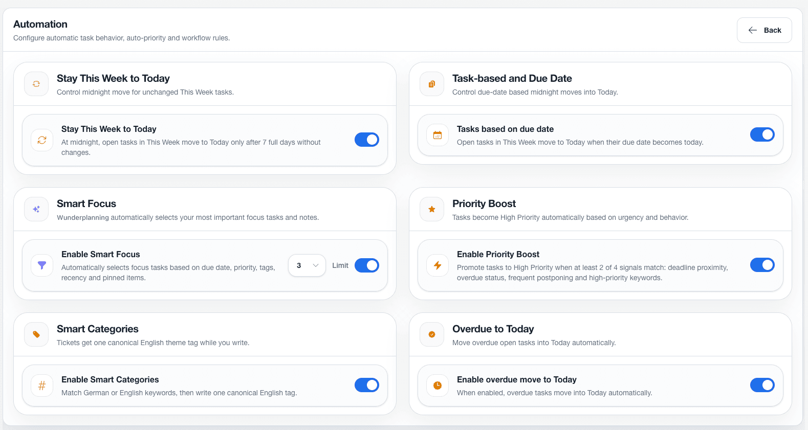 Automation settings with Smart Focus, Priority Boost and Smart Categories toggles