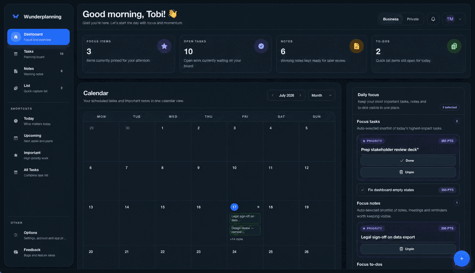 The Wunderplanning dashboard with a monthly calendar and the daily-focus panel