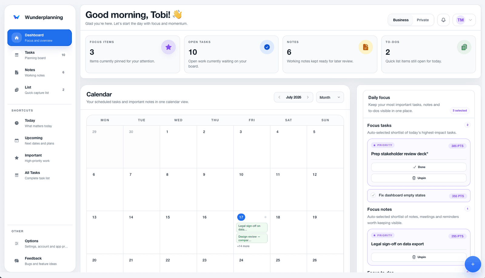 The Wunderplanning dashboard with a monthly calendar and the daily-focus panel