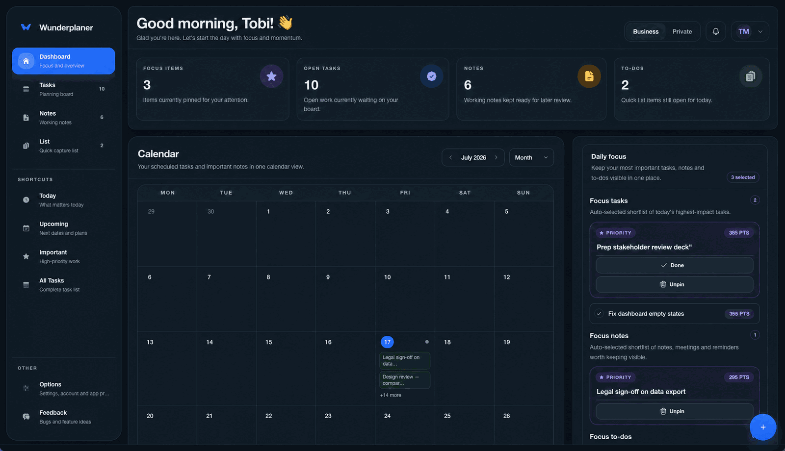 Das Wunderplanning-Dashboard mit Monatskalender und Daily Focus.