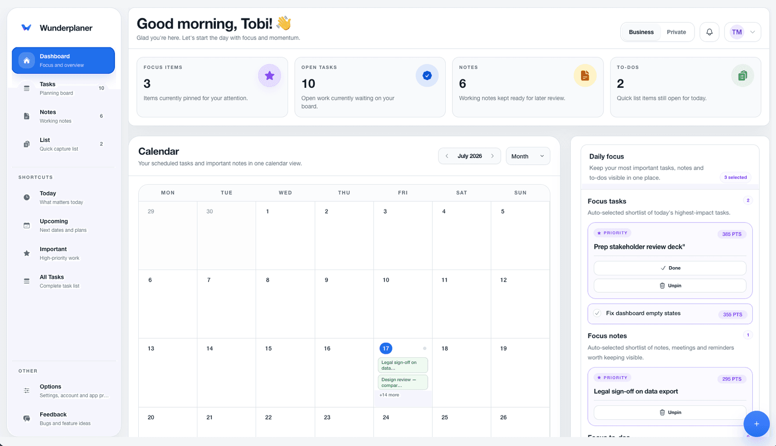 Das Wunderplanning-Dashboard mit Monatskalender und Daily Focus.