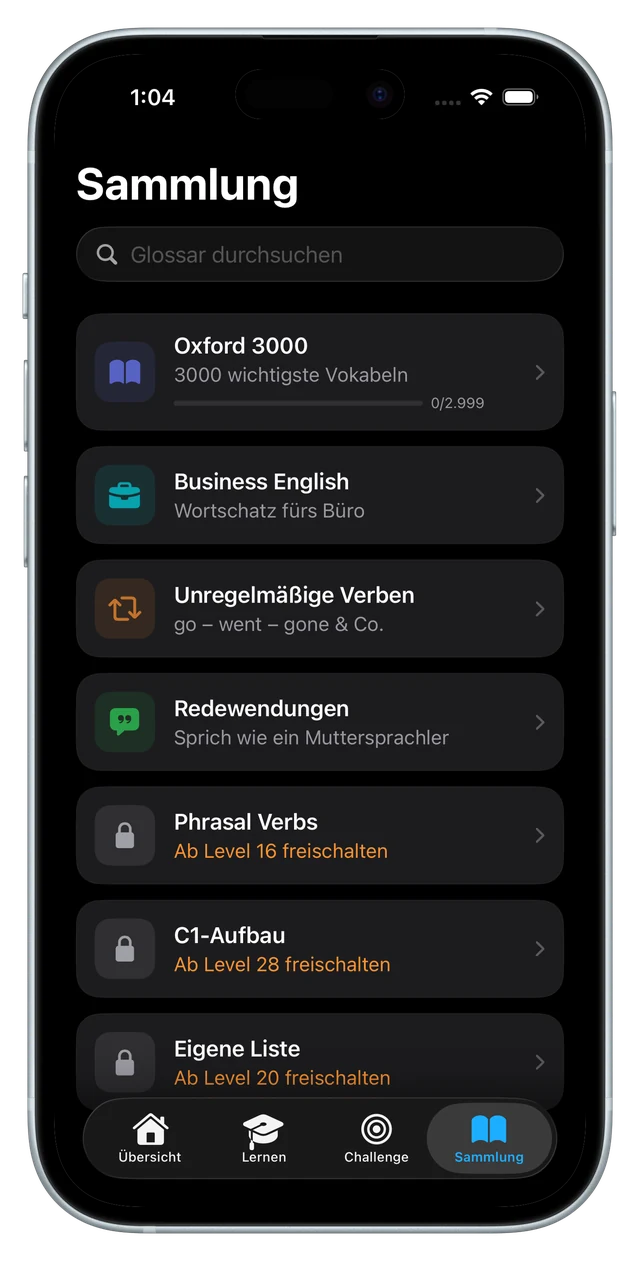 Die Sammlung mit Oxford 3000, Business English, unregelmäßigen Verben, Redewendungen und gesperrten Listen