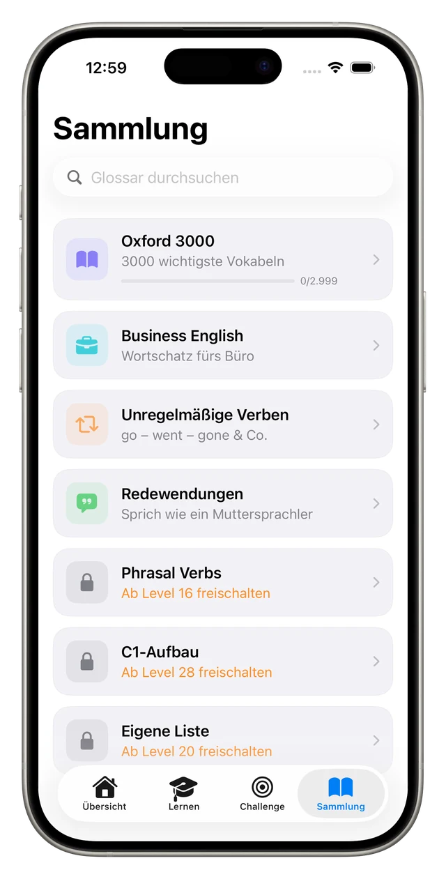 Die Sammlung mit Oxford 3000, Business English, unregelmäßigen Verben, Redewendungen und gesperrten Listen