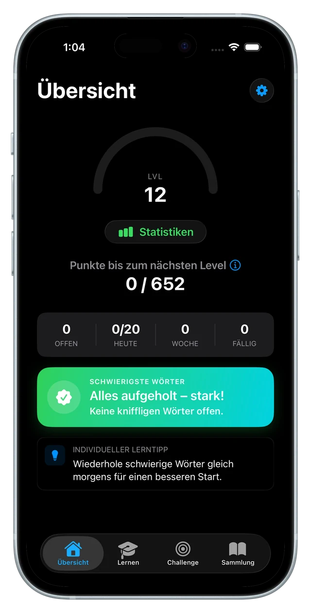 Die Übersicht mit Level-Ring und den Zählern für offen, heute, Woche und fällig