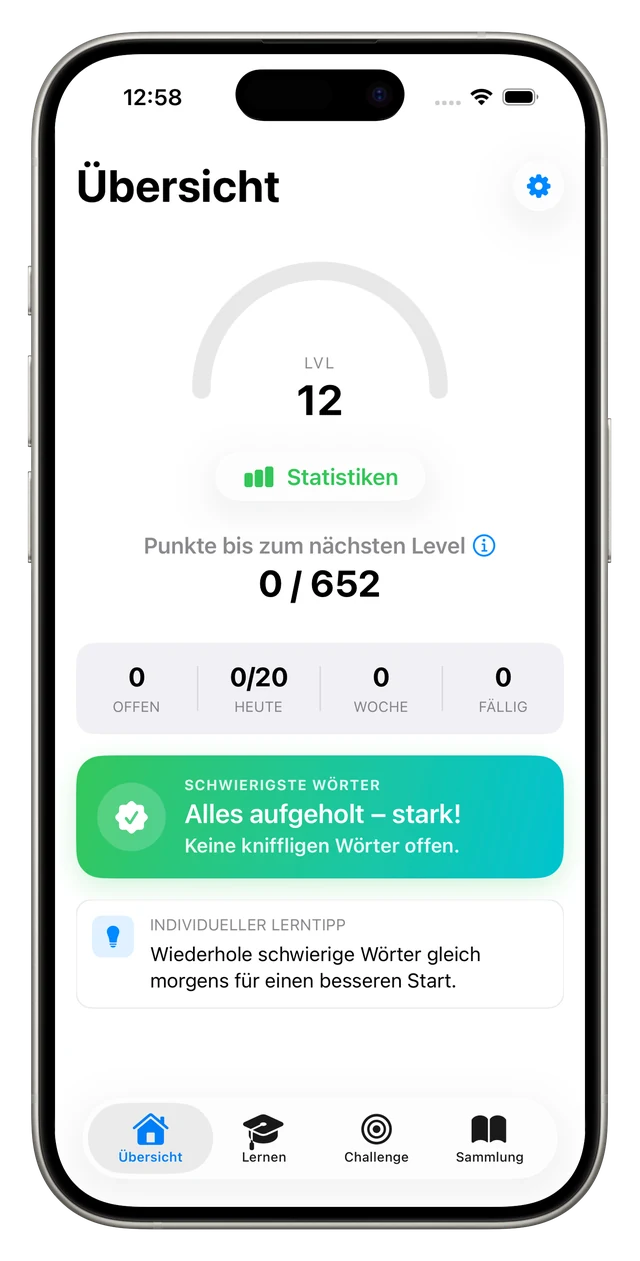Die Übersicht mit Level-Ring und den Zählern für offen, heute, Woche und fällig