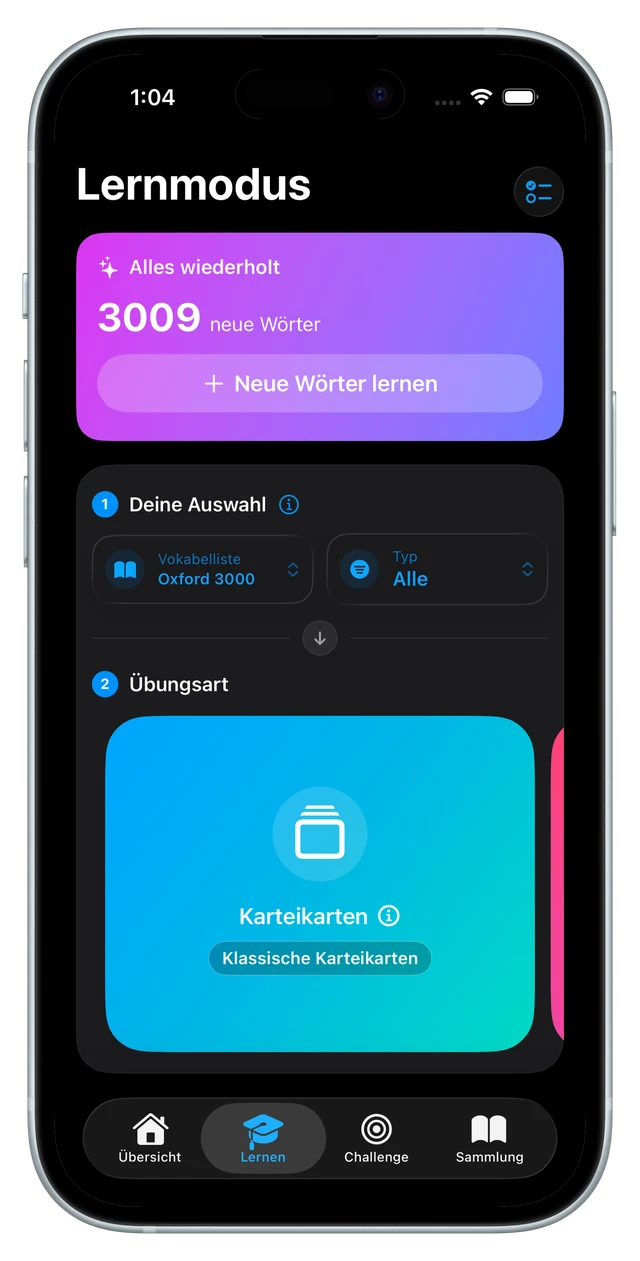 Der Lernen-Tab mit Auswahl von Vokabelliste und Typ über dem Übungs-Karussell