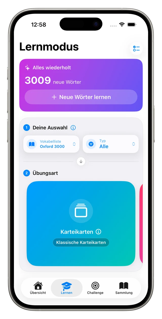 Der Lernen-Tab mit Auswahl von Vokabelliste und Typ über dem Übungs-Karussell