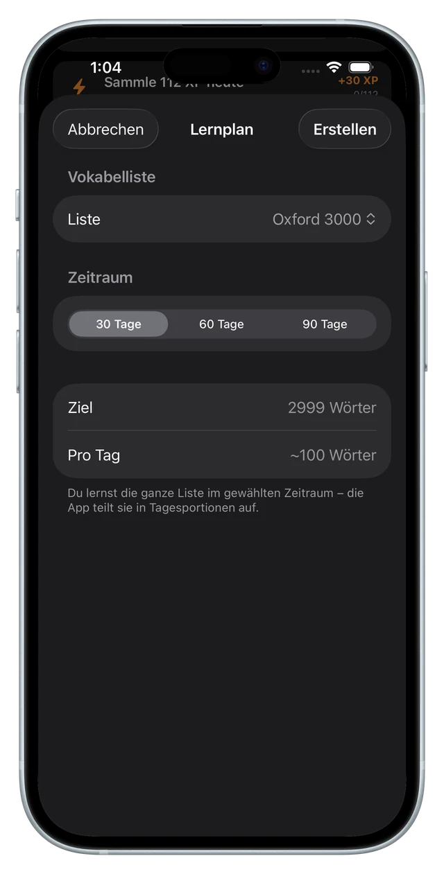 Das Lernplan-Sheet mit Liste, Zeitraum, Ziel und Wörtern pro Tag