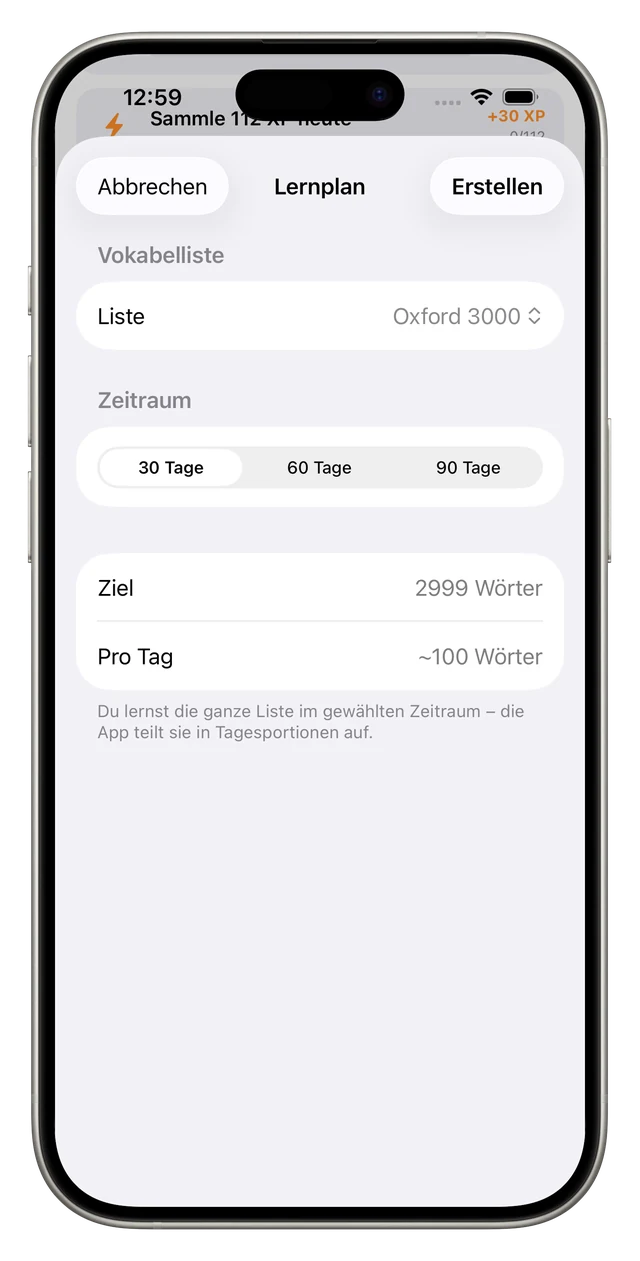 Das Lernplan-Sheet mit Liste, Zeitraum, Ziel und Wörtern pro Tag
