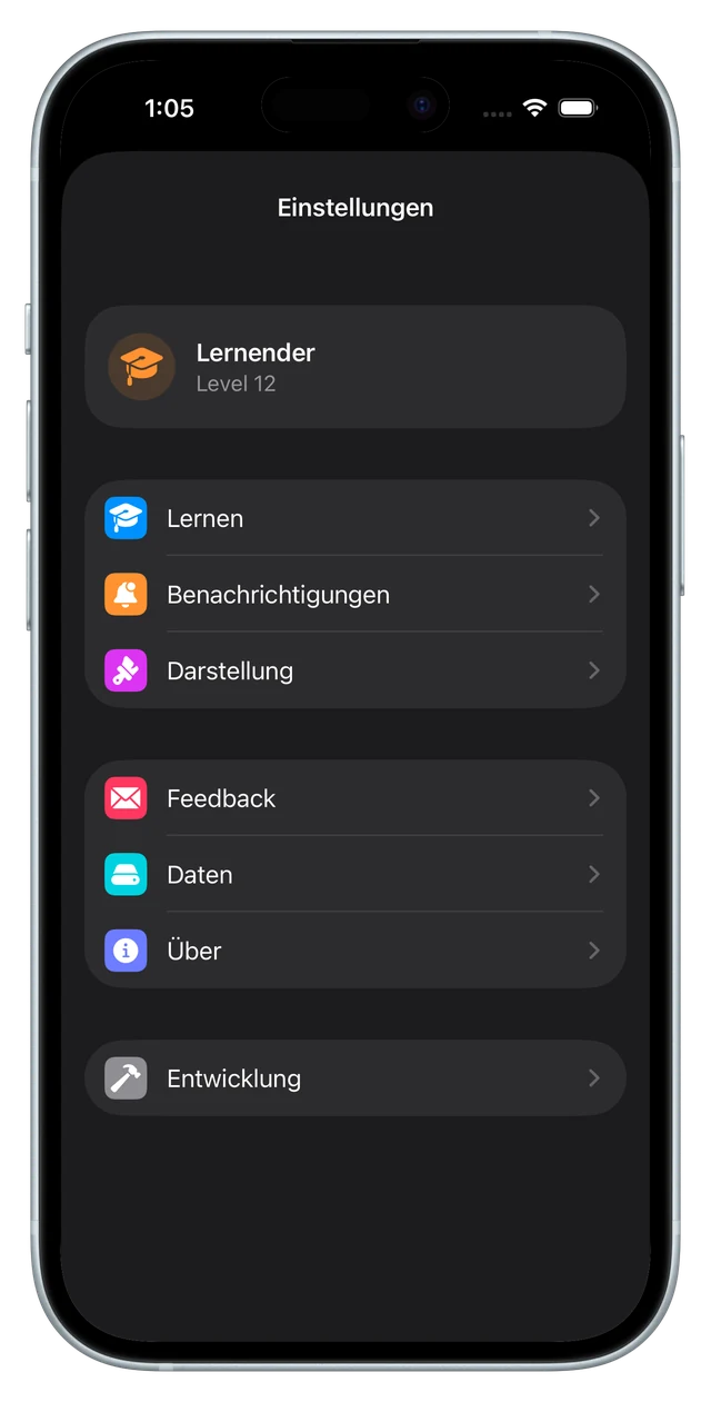 Die Einstellungen mit den Bereichen Lernen, Benachrichtigungen, Darstellung, Feedback und Daten