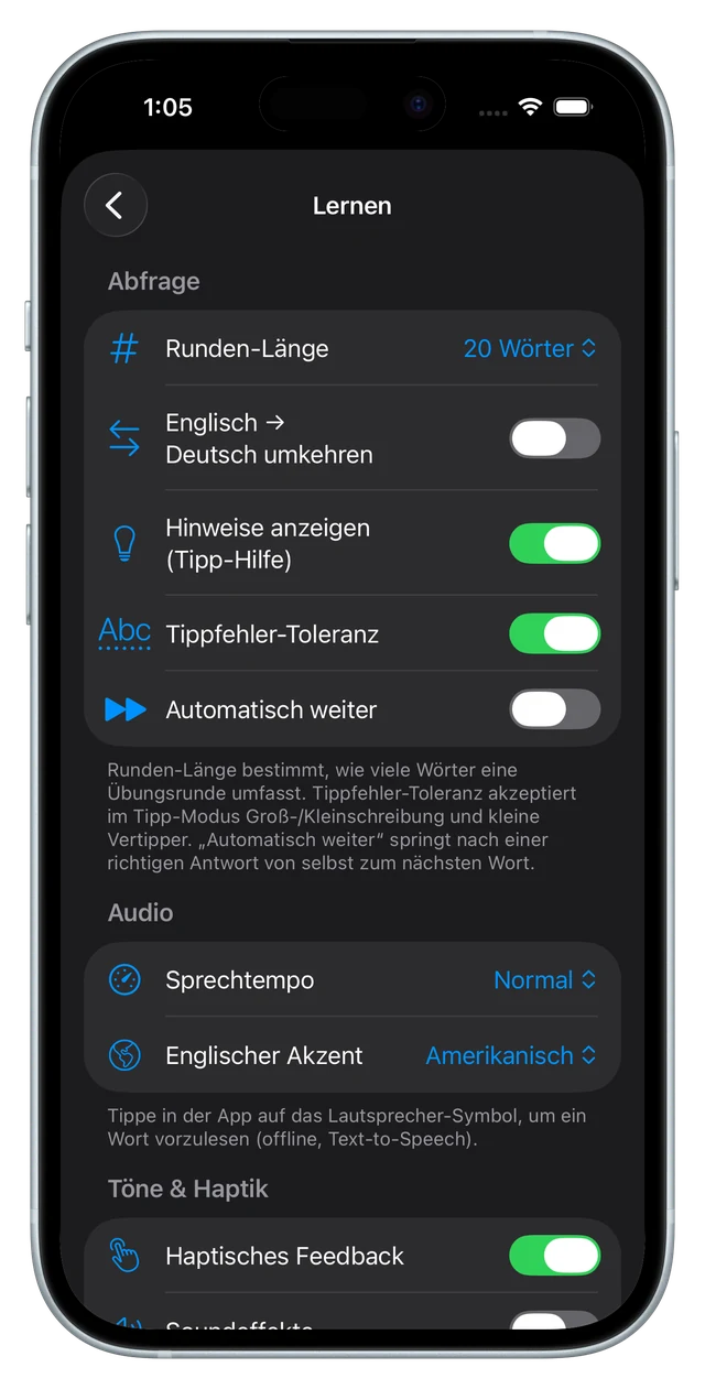 Abfrage-Einstellungen mit Runden-Länge, Richtung, Tippfehler-Toleranz, Sprechtempo und Akzent