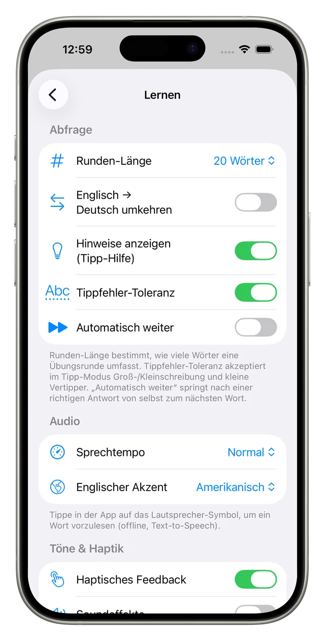 Abfrage-Einstellungen mit Runden-Länge, Richtung, Tippfehler-Toleranz, Sprechtempo und Akzent