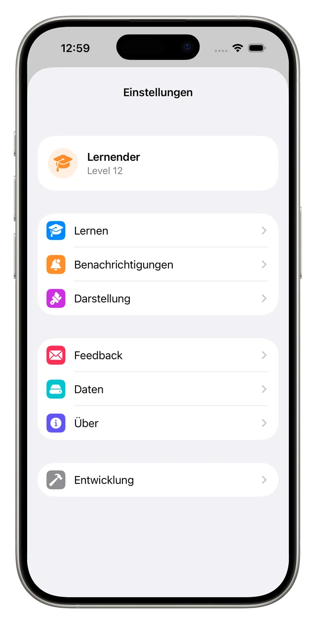 Die Einstellungen mit den Bereichen Lernen, Benachrichtigungen, Darstellung, Feedback und Daten