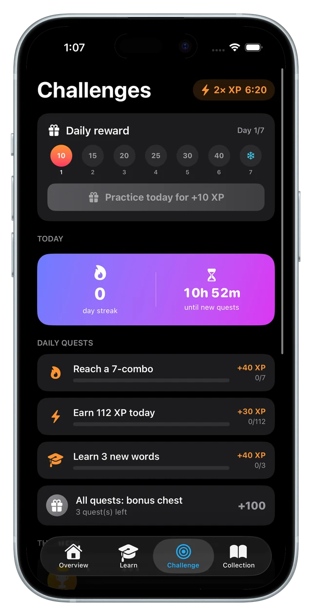 The challenge tab with the daily reward, streak and three daily quests