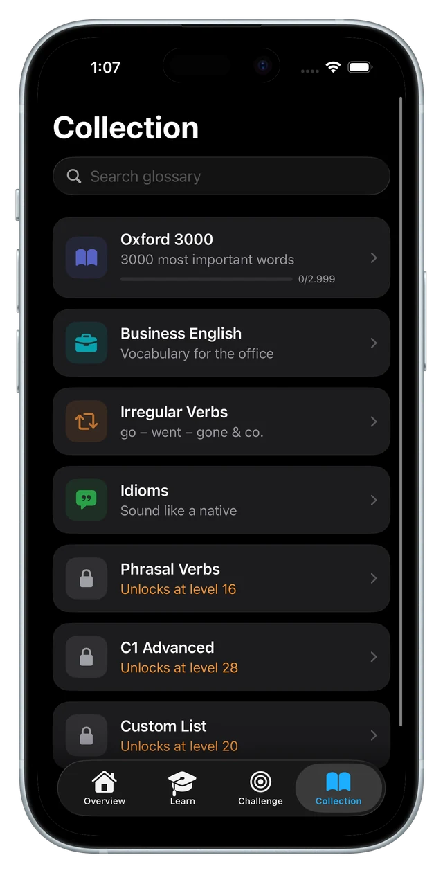 The collection tab listing Oxford 3000, Business English, irregular verbs, idioms and the locked lists