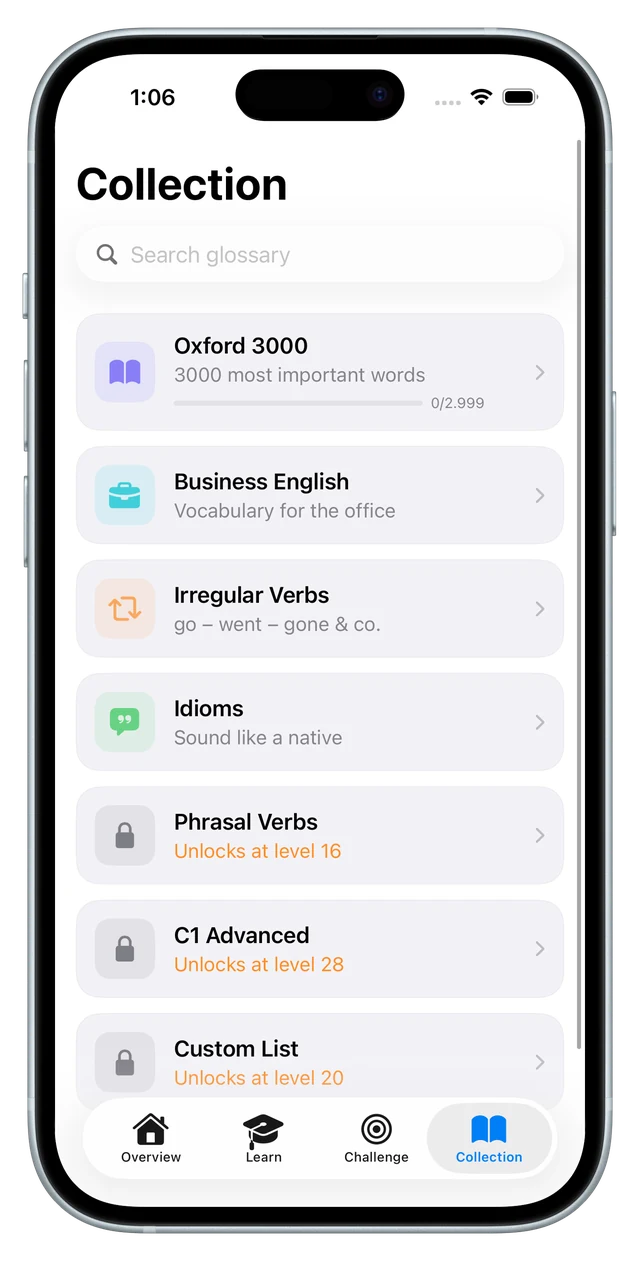 The collection tab listing Oxford 3000, Business English, irregular verbs, idioms and the locked lists