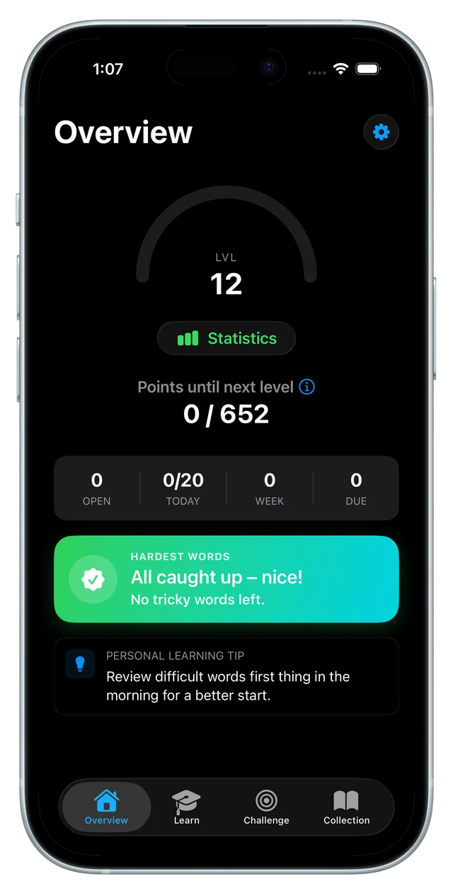 The overview screen with the level ring, open, today, week and due counters