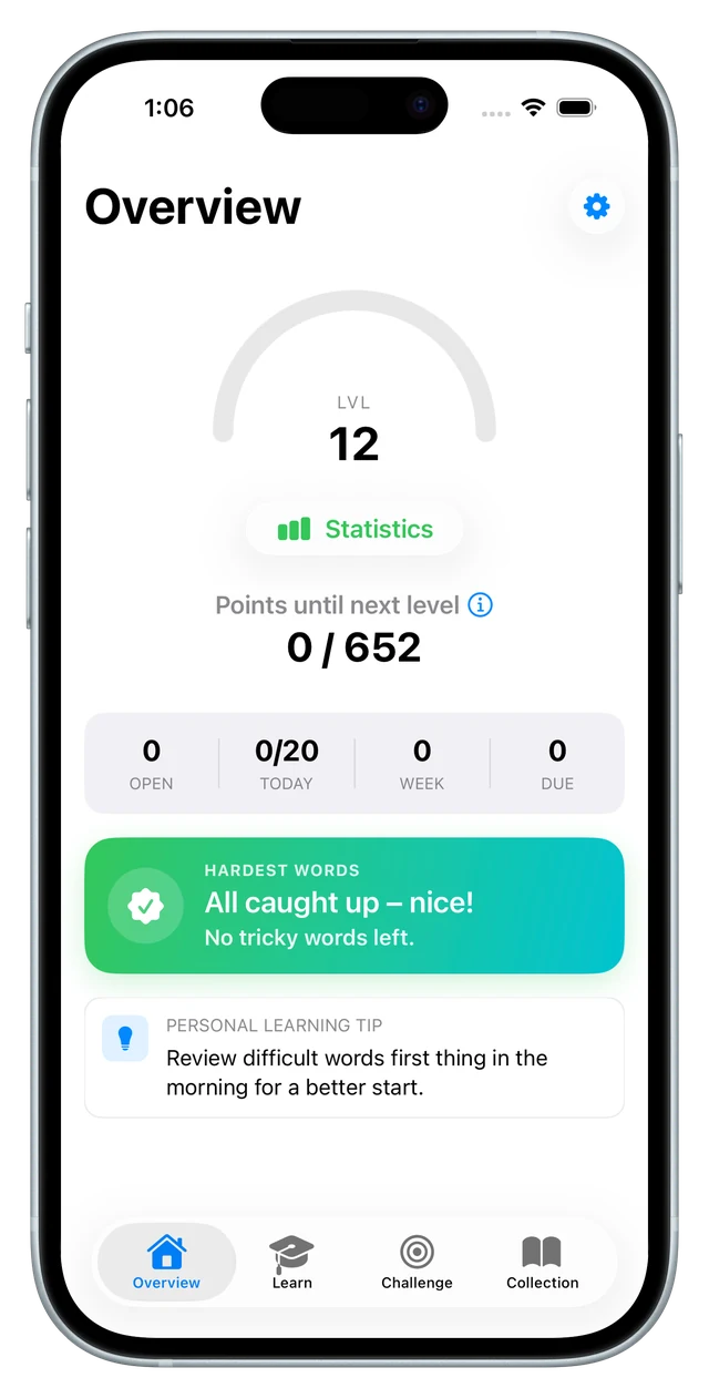 The overview screen with the level ring, open, today, week and due counters