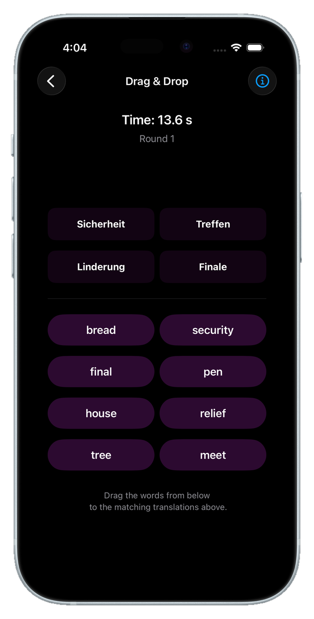 Drag-and-drop screen matching words to their translations