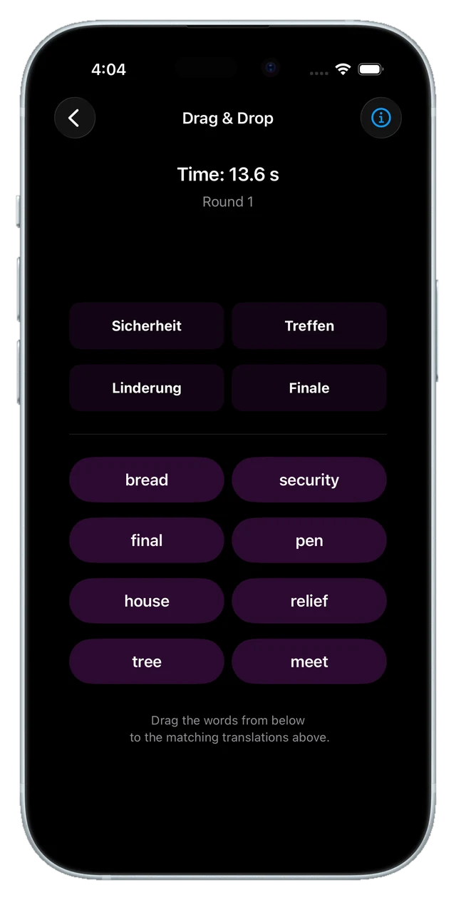 Drag-and-drop screen matching words to their translations