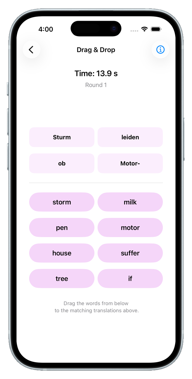 Drag-and-drop screen matching words to their translations