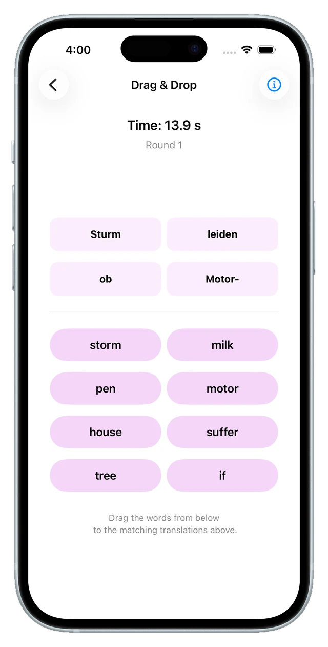 Drag-and-drop screen matching words to their translations