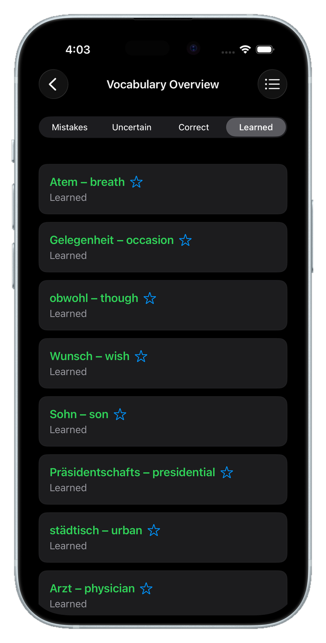Word overview filtered by status: mistakes, unsure, right, learned