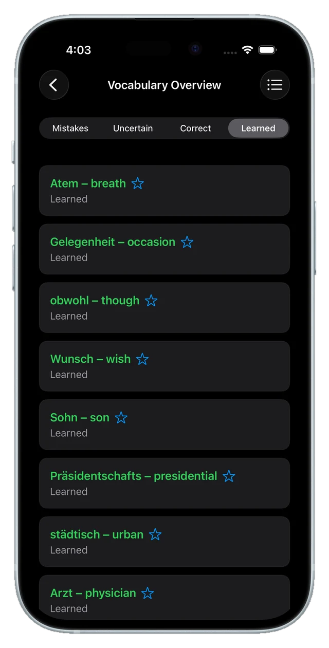 Word overview filtered by status: mistakes, uncertain, correct, learned