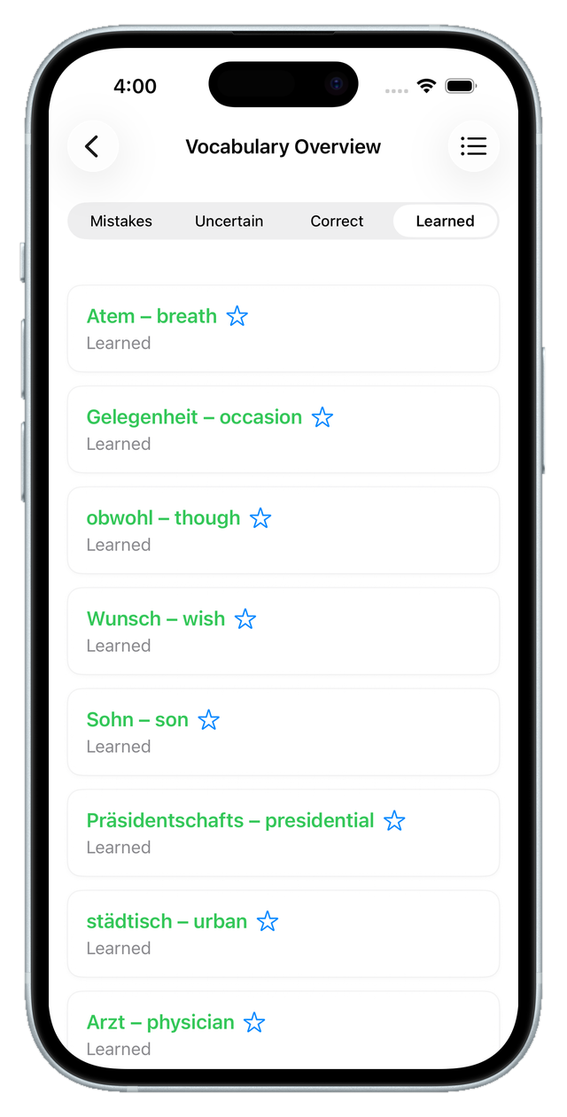 Word overview filtered by status: mistakes, unsure, right, learned