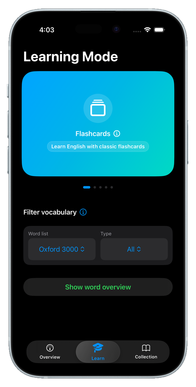 The learning-mode screen with the flashcards card and word filters