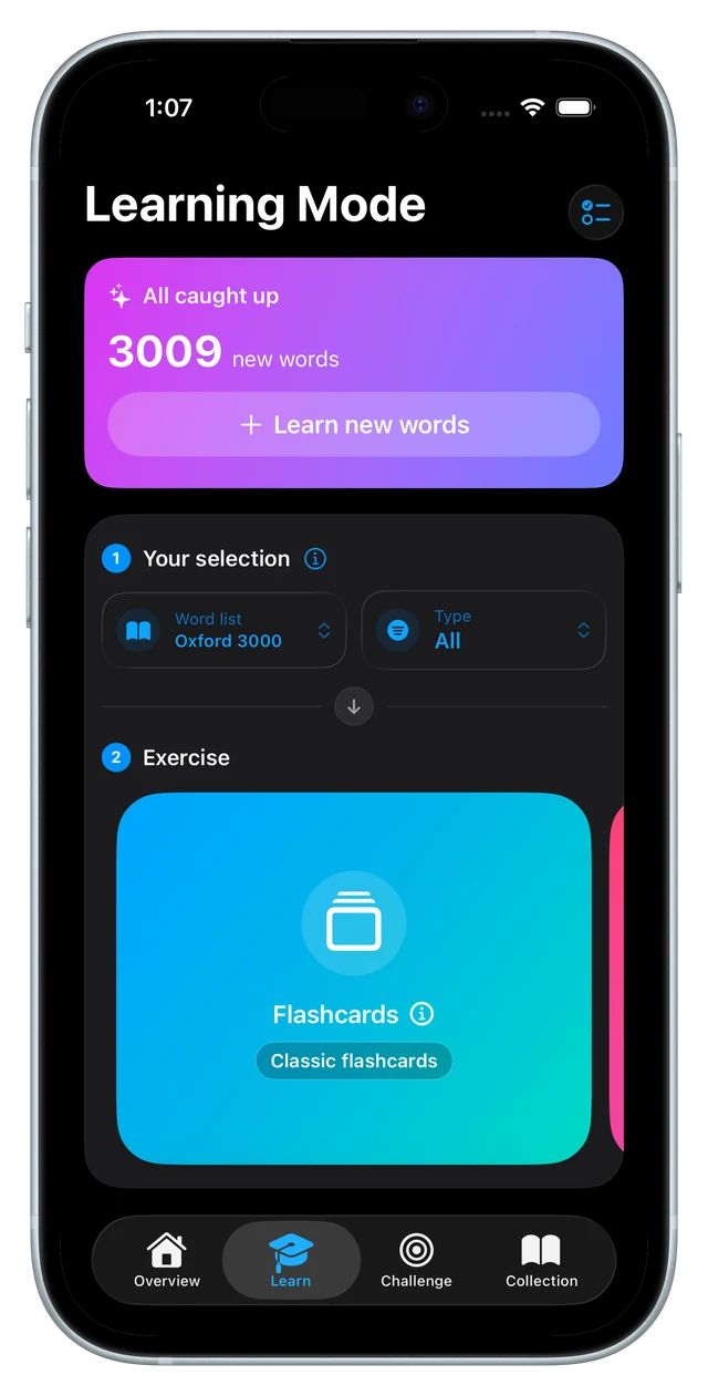 The learn tab with the word-list and status selection above the exercise carousel