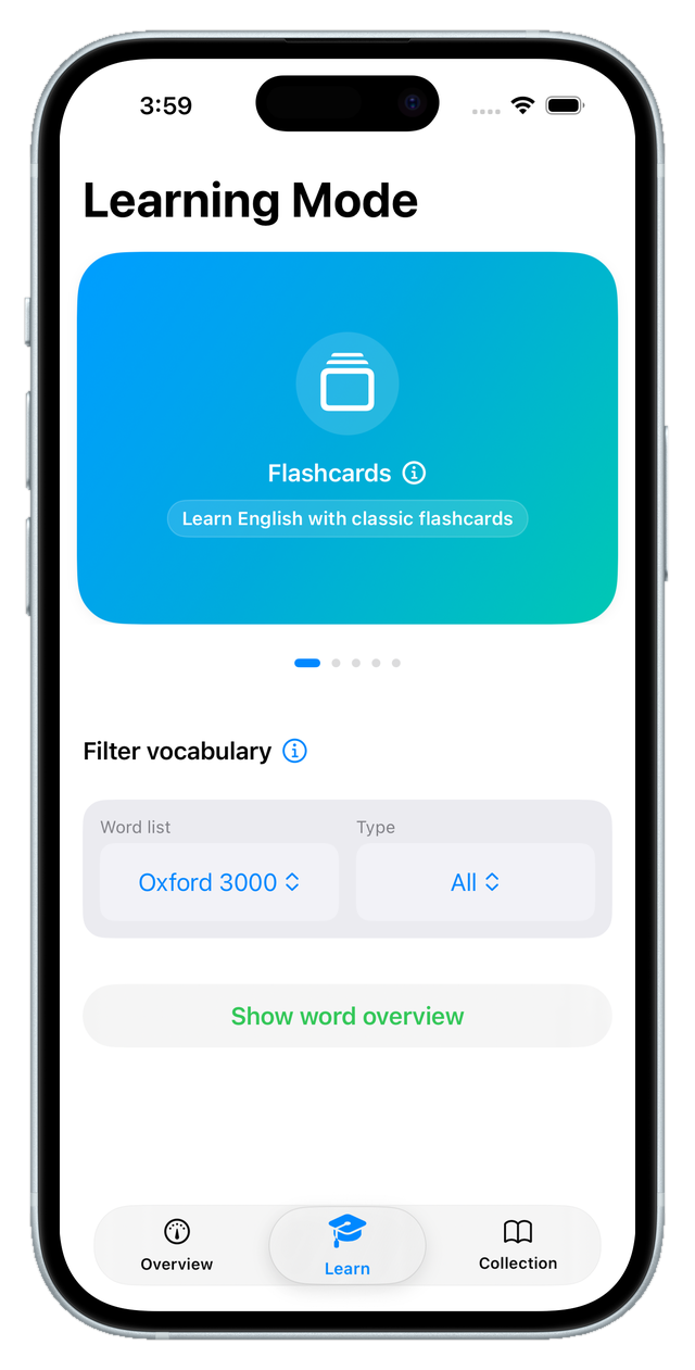 The learning-mode screen with the flashcards card and word filters