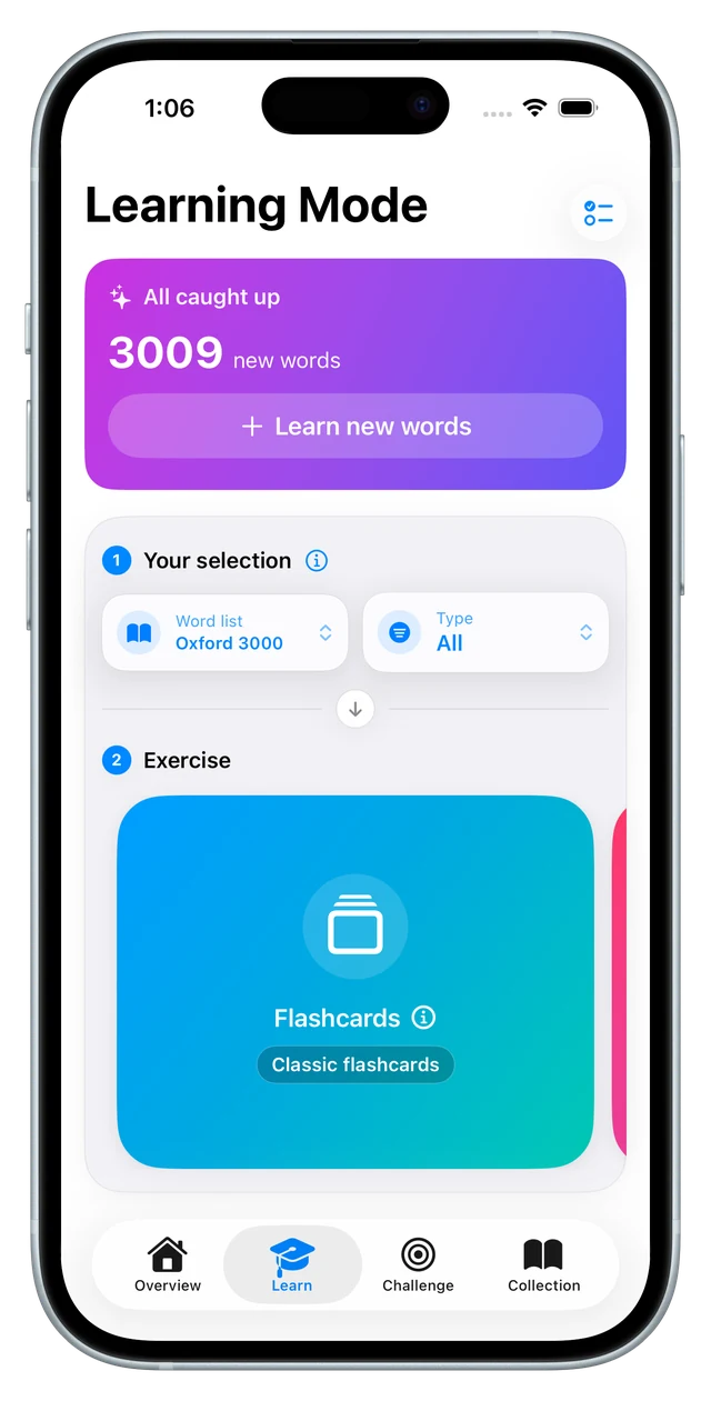 The learn tab with the word-list and status selection above the exercise carousel