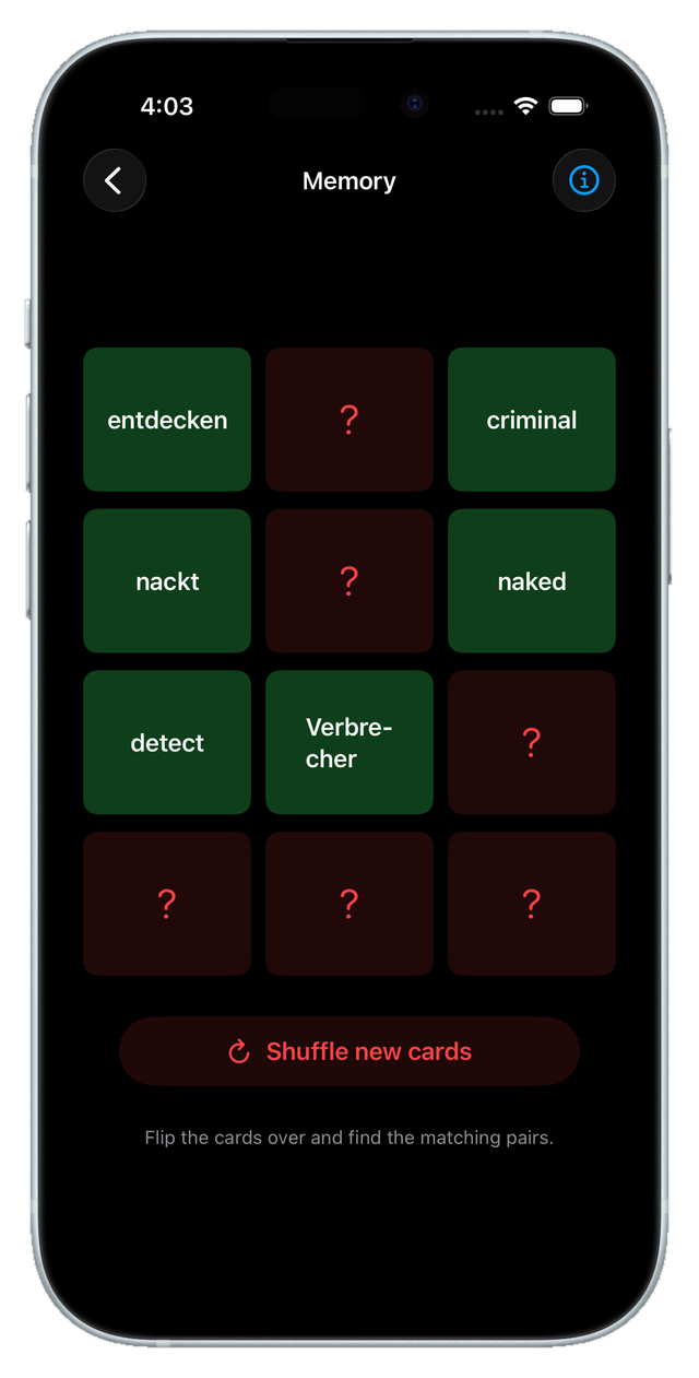 Memory matching game with word cards