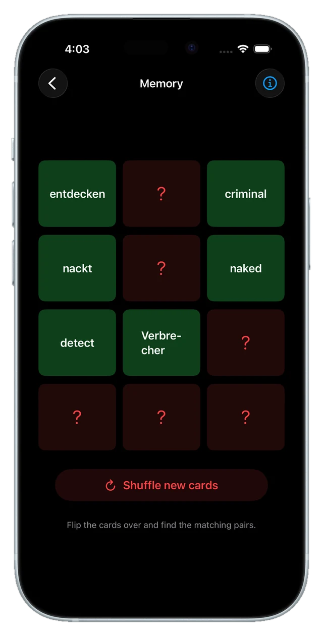 Memory matching game with word cards