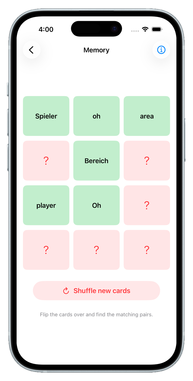 Memory matching game with word cards