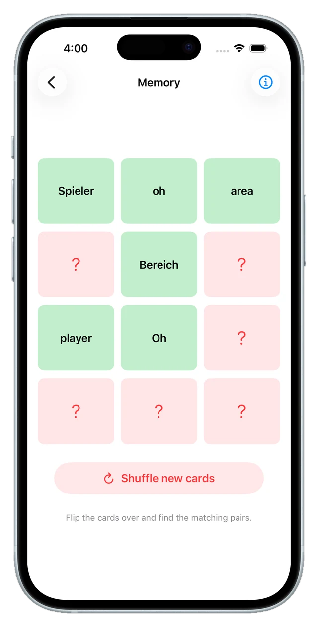 Memory matching game with word cards