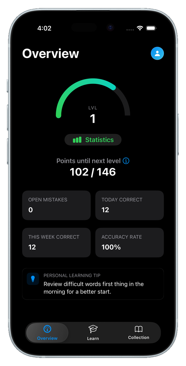 Flashcards dashboard showing level, accuracy and progress
