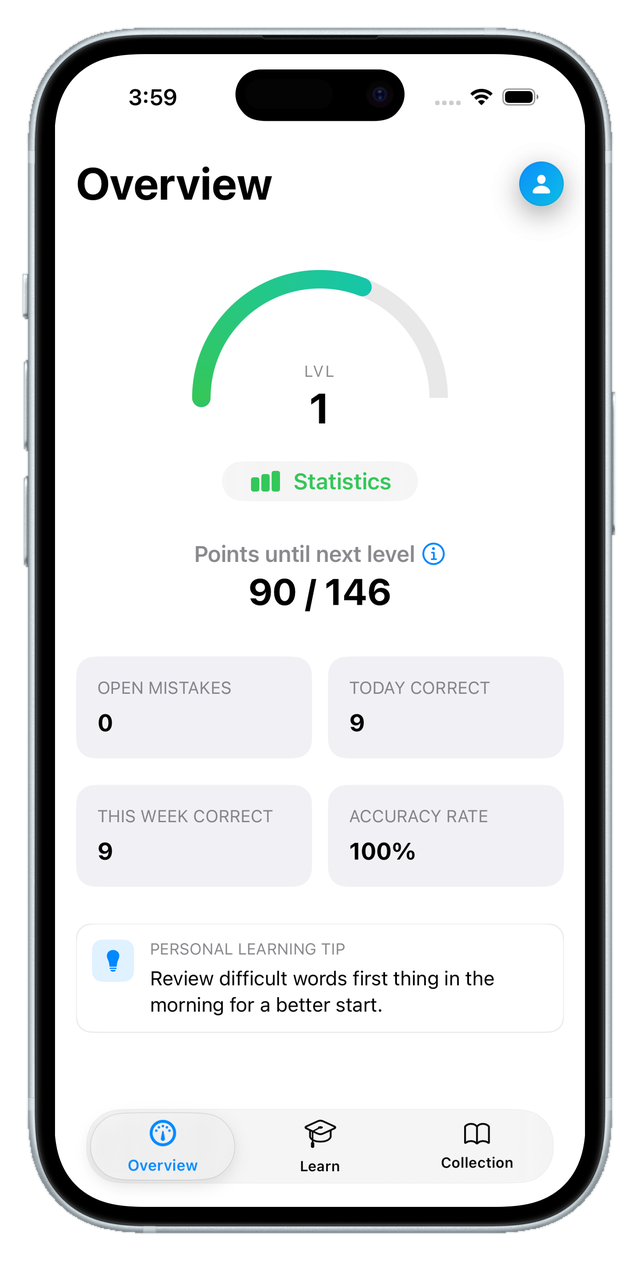Flashcards dashboard showing level, accuracy and progress