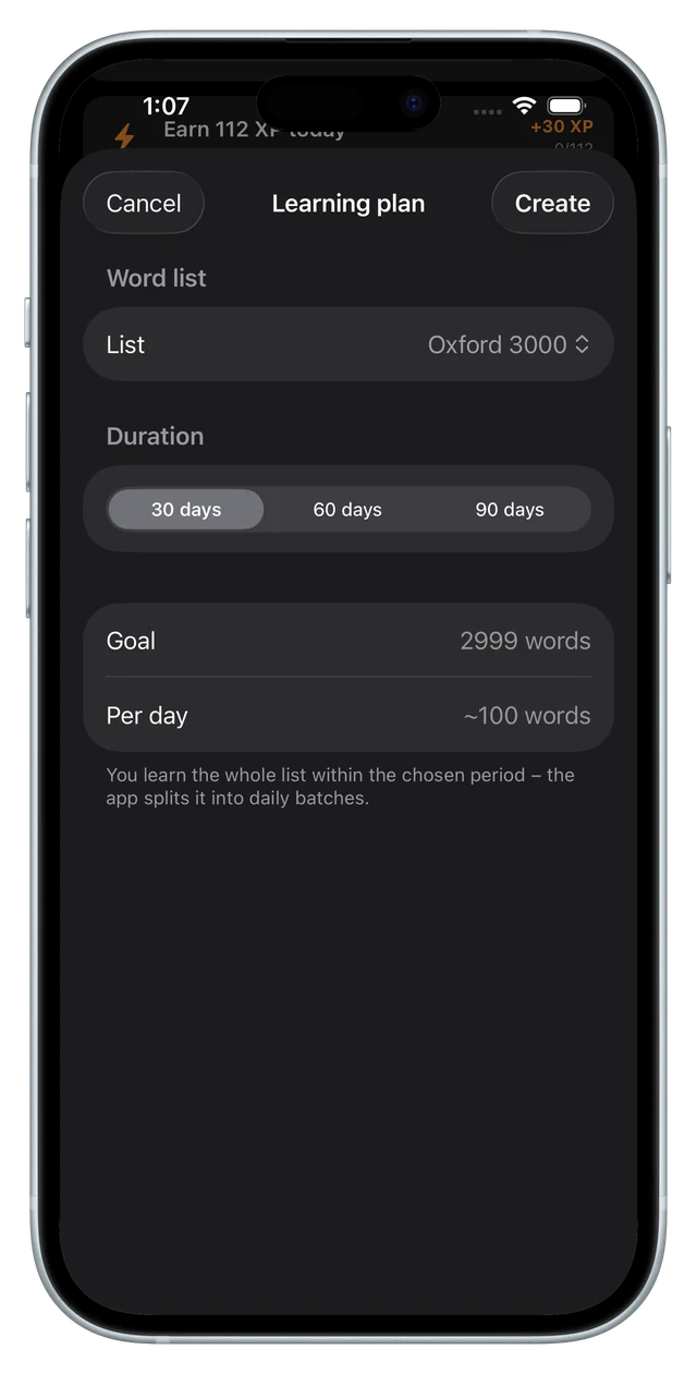 The learning-plan sheet with list, duration, goal and words per day