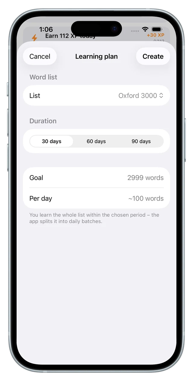The learning-plan sheet with list, duration, goal and words per day