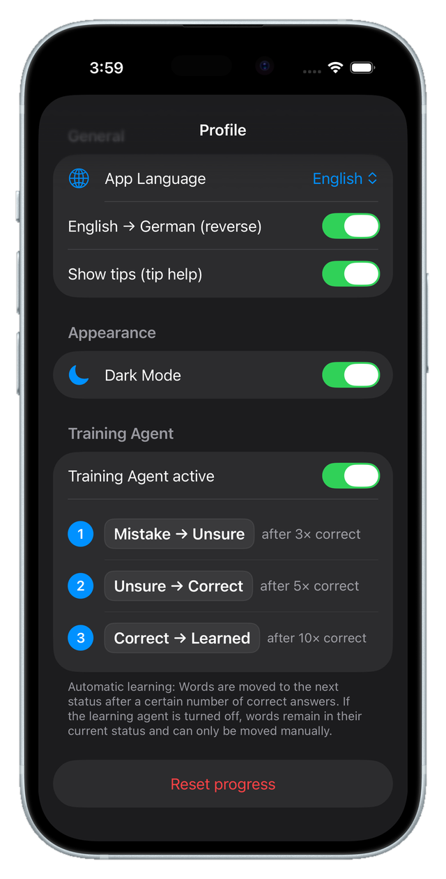 Settings with the direction toggle, dark mode and the training-agent rules