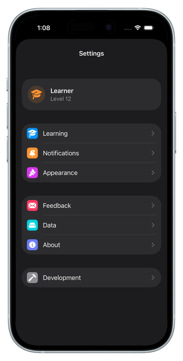 The settings screen with learning, notifications, appearance, feedback and data sections