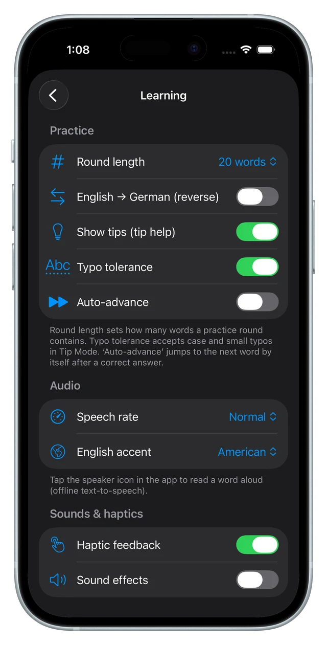 Practice settings with round length, reverse direction, typo tolerance, speech rate and accent