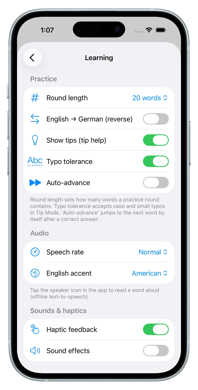 Practice settings with round length, reverse direction, typo tolerance, speech rate and accent