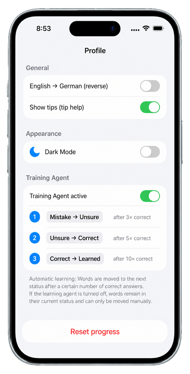 Settings with the direction toggle, dark mode and the training-agent rules