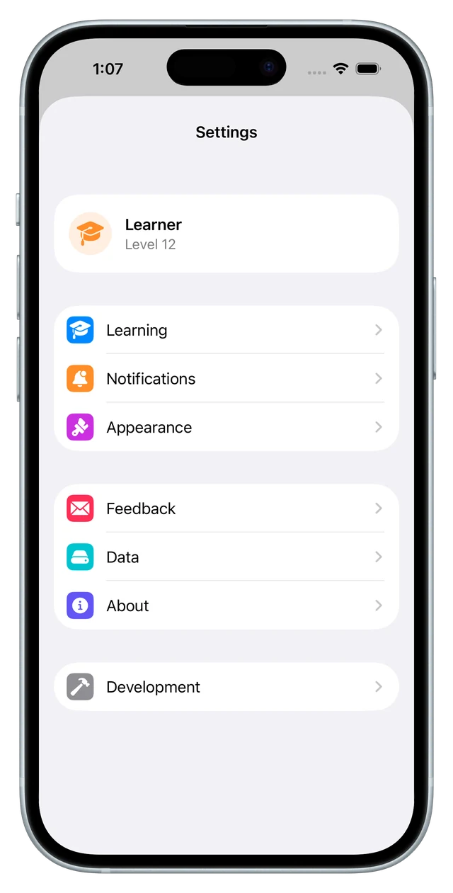 The settings screen with learning, notifications, appearance, feedback and data sections