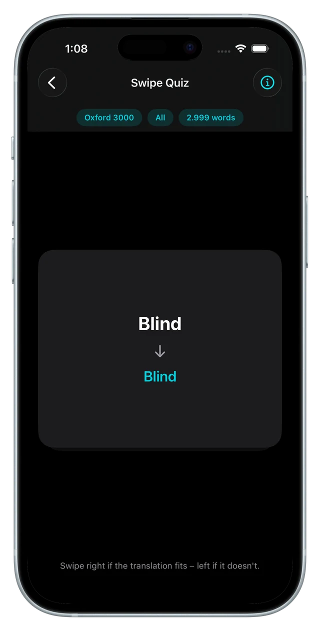 The swipe quiz showing a word with a proposed translation to accept or reject