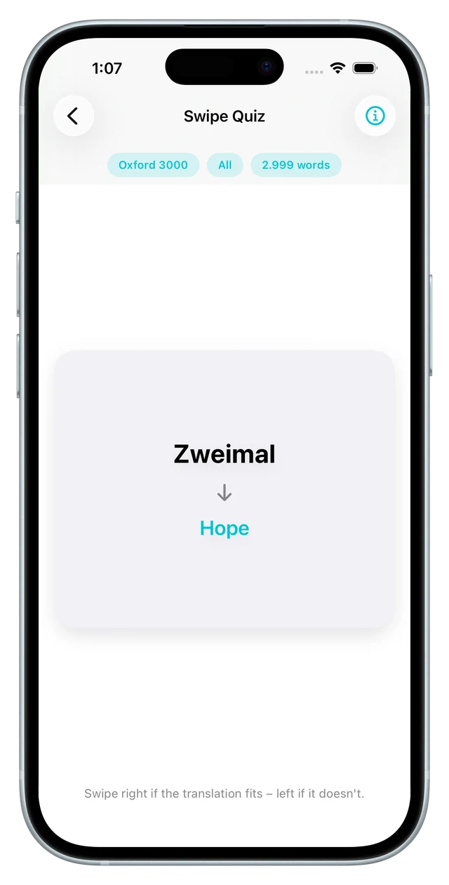 The swipe quiz showing a word with a proposed translation to accept or reject